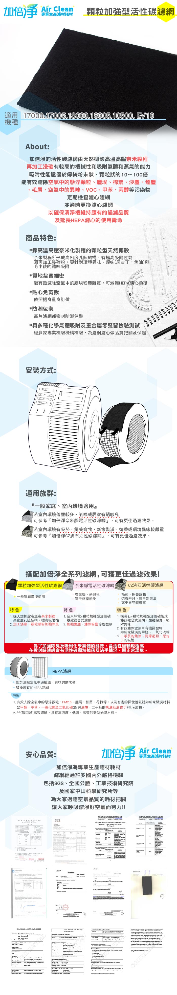 特色加倍  專業生産濾材耗材顆粒加強型活性碳濾網機種1700017005.18000.18005.10500. EV10About:加倍淨的活性碳濾網由天然椰殼高溫高壓奈米製程再加工浸碳有較高的機械性和吸附氣體和蒸氣的能力吸附性能遠優於傳統粉末狀、顆粒狀的10~100倍能有效濾除空氣中的懸浮颗粒、塵埃、棉絮、沙塵、煙塵、毛屑、空氣中的異味、VOC、甲苯、丙醇等污染物定期檢查濾心濾網並適時更換濾心濾網以確保清淨機維持應有的過濾品質商品特色:及延長HEPA濾心的使用壽命*採高溫高壓奈米化製程的顆粒型天然椰殼奈米製程所形成高密度孔隙結構有極高吸附性能因再加工浸碳粉更針對環境異味、煙味尼古丁、焦油與毛小孩的體味吸附*質地紮實細密能有效濾除空氣中的塵埃粉塵雜質減輕HEPA濾心負擔*貼心免剪裁依照機身量身訂做*防潮包裝每片濾網都密封防潮包裝*具多種化學氣體吸附及重金屬零殘留檢驗測試經多家專業檢驗機構檢驗,為濾網濾心做品質把關及保證安裝方式:適用族群:一般家庭、環境適用室內環境落塵較多、氣喘或居家有過敏兒可參考『加倍淨奈米靜電活性碳濾網』,可有更佳過濾效果。若室內環境有吸菸、飼養寵物、新家裝潢、燒香或環境異味較嚴重可參考『加倍淨CZ沸石活性碳濾網』,可有更佳過濾效果。搭配加倍淨全系列濾網,可獲更佳過濾效果!顆粒加強型活性碳濾網奈米靜電活性碳濾網 CZ沸石活性碳濾網一般家庭環境使用有氣喘、過敏兒家中落塵過多抽菸、飼養寵物燒香拜拜、家中新裝潢家中異味較嚴重特色特色1. 採天然椰殼高溫高奈米製程, 1.奈米靜電+顆粒加強型活性碳高密度孔隙結構,極高吸附性雙效複合式濾網2. 加工浸碳,顆粒碳粉加強除臭 2. 加強集塵、濾除粉塵等過敏原1. 採沸石+顆粒加強型活性碳製成雙效複合式濾網,加強除臭,吸附異味2. 有效濾除空氣中有機揮發物如新家裝潢的甲醛、二氧化硫等3. 二手菸的焦油、阿摩尼亞、尼古丁的吸附為了加強除臭及吸附化學氣體的能效,含活性碳颗粒極高在拆封時濾網會有活性碳颗粒掉落及沾手情況,屬正常現象。HEPA濾網對於濾除空氣中過敏原、異味的需求者替換舊有的HEPA濾網特色1. 有效去除空氣中的懸浮微粒、PM2.5、塵蟎、細菌、花粉等,以及有害的揮發性氣體如新家裝潢材料含甲醛、甲苯、一氧化碳及二氧化碳廚房油煙、二手菸的焦油及尼古丁等污染物。2. PP(聚丙烯)高效濾紙,具有高強度、低阻、高效的新型過濾材料。安心品質:加倍)  專業生産濾材耗材加倍淨為專業生產濾材耗材濾網經過許多國內外嚴格檢驗包括SGS、全國公證、工業技術研究院及國家中山科學研究所等為大家過濾空氣品質的耗材把關讓大家呼吸潔淨好空氣而努力!!MATERIAL   SGS     ,  ()()